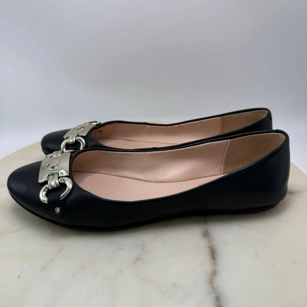 Kate Spade Payton Ballet Flats Black Leather Silver Logo Size 6.5B Slip-On